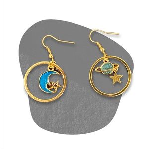 Women’s Blue Enamel Round Galaxy Moon Planet and Stars Fishhook Earrings